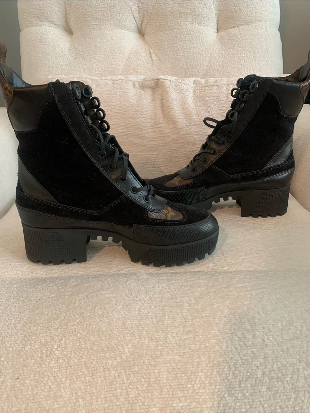 Louis Vuitton Black Lace-Up Platform Combat Boots with Pink and Blue Patches